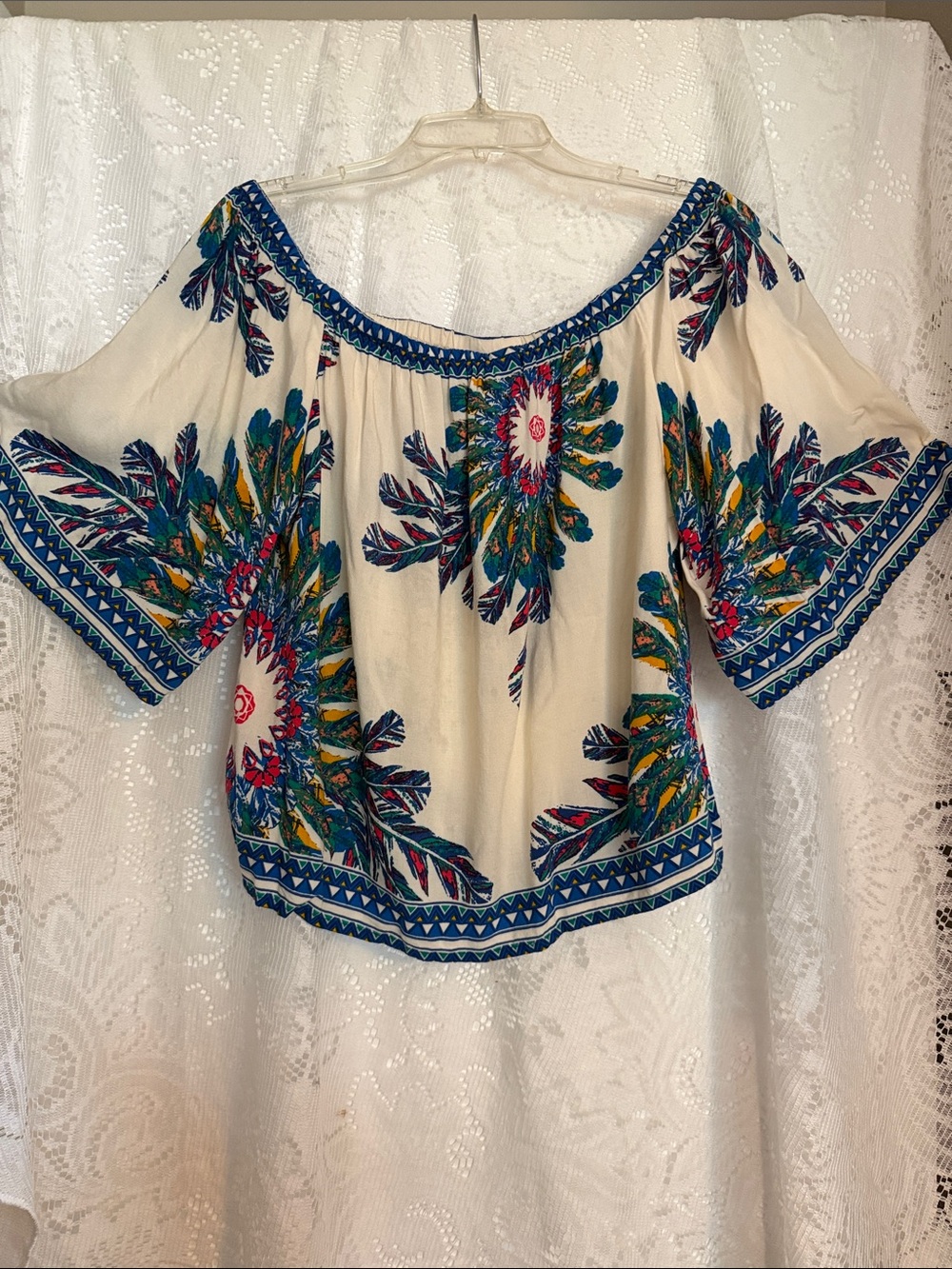 Flying Tomato Cream Off-Shoulder Blouse with Blue, Green & Yellow